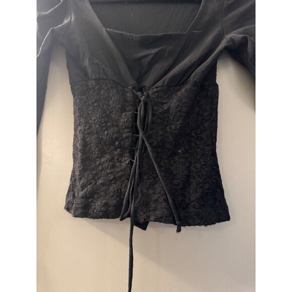Black Floral Lace Corset-Style Long Sleeve Top With Adjustable Tie Closure - Picture 2 of 2